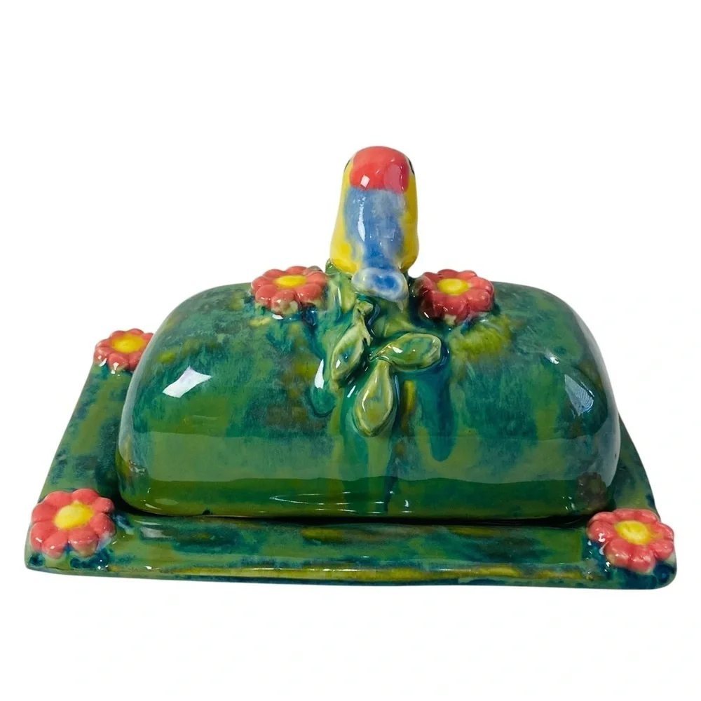 Handmade Ceramic Butter Dish W/ Whimsical Bird And Flower Motif Lid Signed